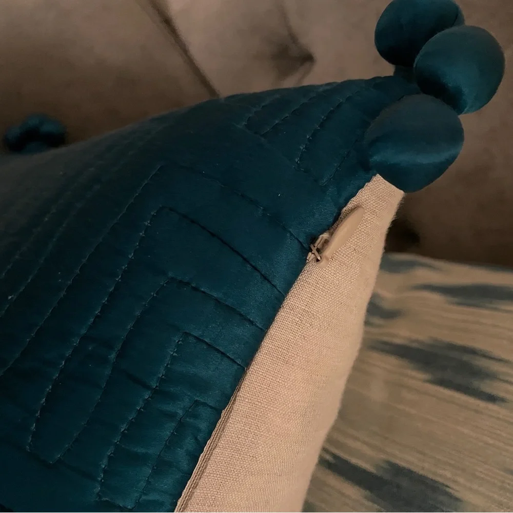 NWT West Elm Teal Silky Quilted Accent Pillow cover with Pom Trim 18”x18”